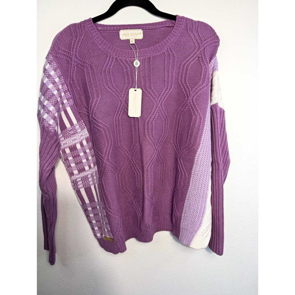 Simply Southern Womens Cable-Knit Pullover Sweater XL Purple/White Plaid Sleeve